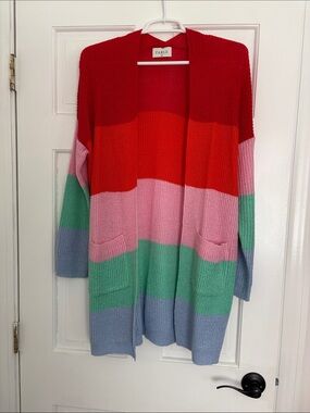 Fable Striped Open Cardigan in Red, Orange, Pink, Green, Blue